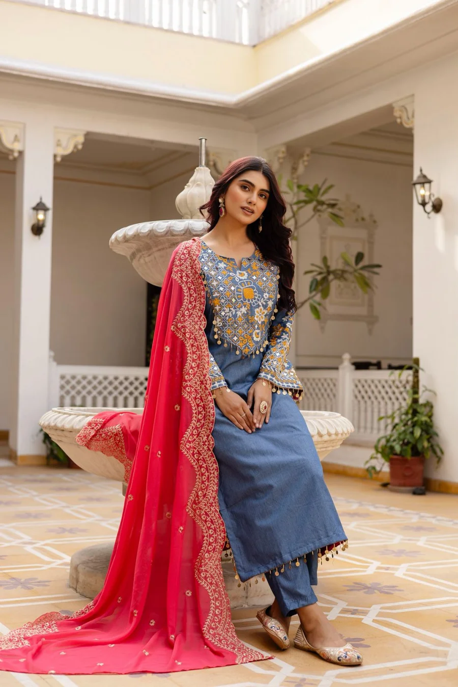 FANCY COTTON DENIM EMBROIDERY, REAL MIRROR AND LACE WORK TOP BOTTOM WITH DUPATTA FESTIVE WEAR WHOLESALE PRICE ETHNIC GARMENT (3)