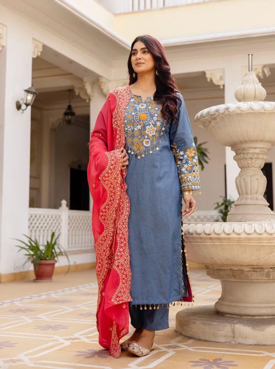 FANCY COTTON DENIM EMBROIDERY, REAL MIRROR AND LACE WORK TOP BOTTOM WITH DUPATTA FESTIVE WEAR WHOLESALE PRICE ETHNIC GARMENT (5)