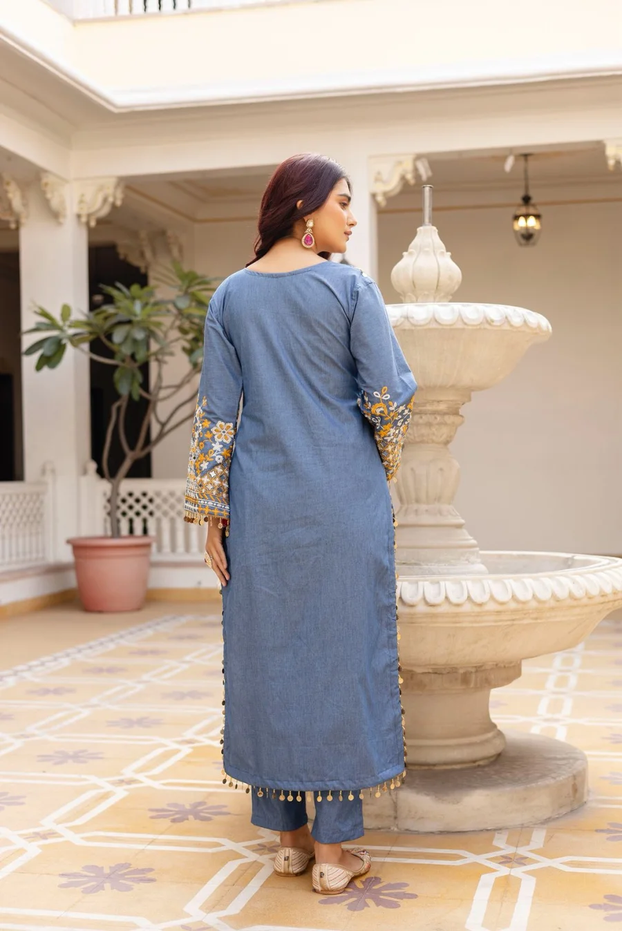 FANCY COTTON DENIM EMBROIDERY, REAL MIRROR AND LACE WORK TOP BOTTOM WITH DUPATTA FESTIVE WEAR WHOLESALE PRICE ETHNIC GARMENT (9)