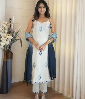 FANCY COTTON FLEX SEQUENCE EMBROIDERY WORK TOP BOTTOM WITH DUPATTA OFF WHITE