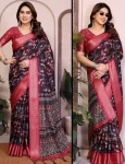 FANCY COTTON SILK DIGITAL PRINT & JACQUARD HEAVY BORDER WORK SAREE WITH UNSTITCHED BLOUSE RED AND BROWN