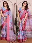 FANCY COTTON SILK DIGITAL PRINT & JACQUARD HEAVY BORDER WORK SAREE WITH UNSTITCHED BLOUSE SKY AND PINK