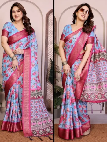 FANCY COTTON SILK DIGITAL PRINT & JACQUARD HEAVY BORDER WORK SAREE WITH UNSTITCHED BLOUSE SKY AND PINK
