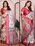 FANCY COTTON SILK DIGITAL PRINT & JACQUARD HEAVY BORDER WORK SAREE WITH UNSTITCHED BLOUSE RED AND CREAM