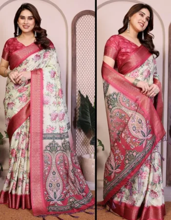 FANCY COTTON SILK DIGITAL PRINT & JACQUARD HEAVY BORDER WORK SAREE WITH UNSTITCHED BLOUSE RED AND CREAM