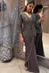FANCY CREPE SATIN EMBROIDERY WORK READY TO WEAR SAREE WITH STITCHED BLOUSE AND KOTI PARTY WEAR WHOLESALE PRICE ETHNIC GARMENT (12)