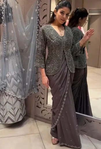 FANCY CREPE SATIN EMBROIDERY WORK READY TO WEAR SAREE WITH STITCHED BLOUSE AND KOTI PURPLE