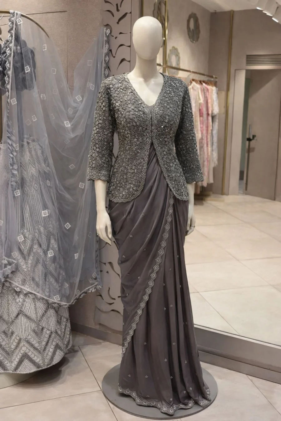 FANCY CREPE SATIN EMBROIDERY WORK READY TO WEAR SAREE WITH STITCHED BLOUSE AND KOTI PARTY WEAR WHOLESALE PRICE ETHNIC GARMENT (13)