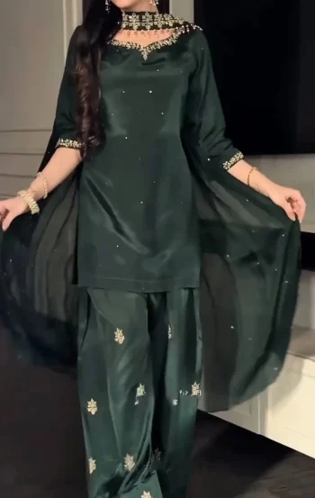 FANCY CREPE SILK DIAMOND HAND WORK WITH SEQUENCE MULTI NEEDLE EMBROIDERY WORK TOP PATIYALA WITH DUPATTA DARK GREEN