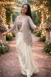 FANCY CREPE SILK EMBROIDERY SEQUENCE CODING WORK READY TO WEAR SAREE WITH STITCHED BLOUSE AND KOTI PARTY WEAR WHOLESALE PRICE ETHNIC GARMENT (6)