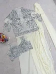 FANCY CREPE SILK EMBROIDERY SEQUENCE CODING WORK READY TO WEAR SAREE WITH STITCHED BLOUSE AND KOTI PARTY WEAR WHOLESALE PRICE ETHNIC GARMENT (6)