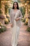 FANCY CREPE SILK EMBROIDERY SEQUENCE CODING WORK READY TO WEAR SAREE WITH STITCHED BLOUSE AND KOTI PARTY WEAR WHOLESALE PRICE ETHNIC GARMENT (6)