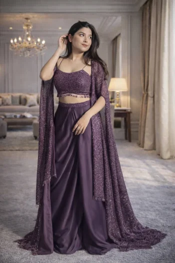 FANCY CREPE SILK SEQUENCE EMBROIDERY AND TASSELS WORK DRAPED SKIRT BLOUSE AND SHRUG PURPLE
