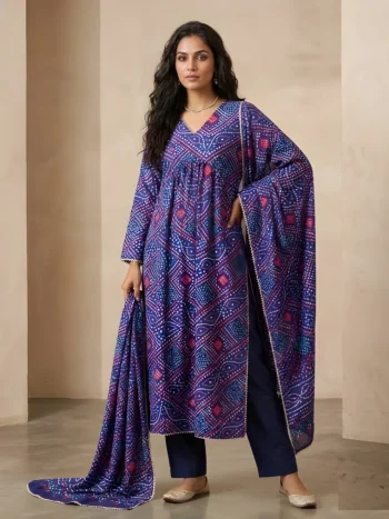 FANCY DELTA SILK BANDHANI PRINT WORK TOP BOTTOM WITH DUPATTA PURPLE