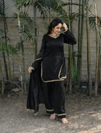 FANCY FENDY SATIN MIRROR AND MOTI WITH LACE BORDER WORK TOP PALAZZO WITH DUPATTA BLACK