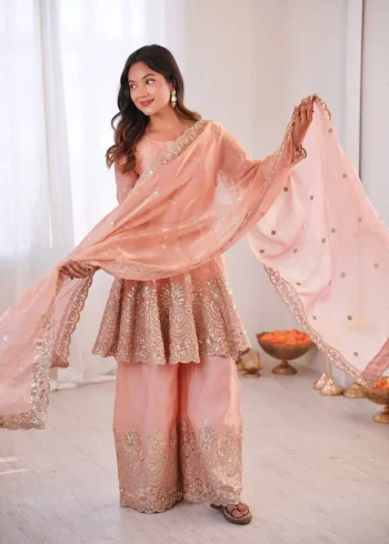 FANCY FENDY SILK EMBROIDERY SEQUENCE WITH REAL MIRROR WORK TOP PALAZZO WITH DUPATTA CREA