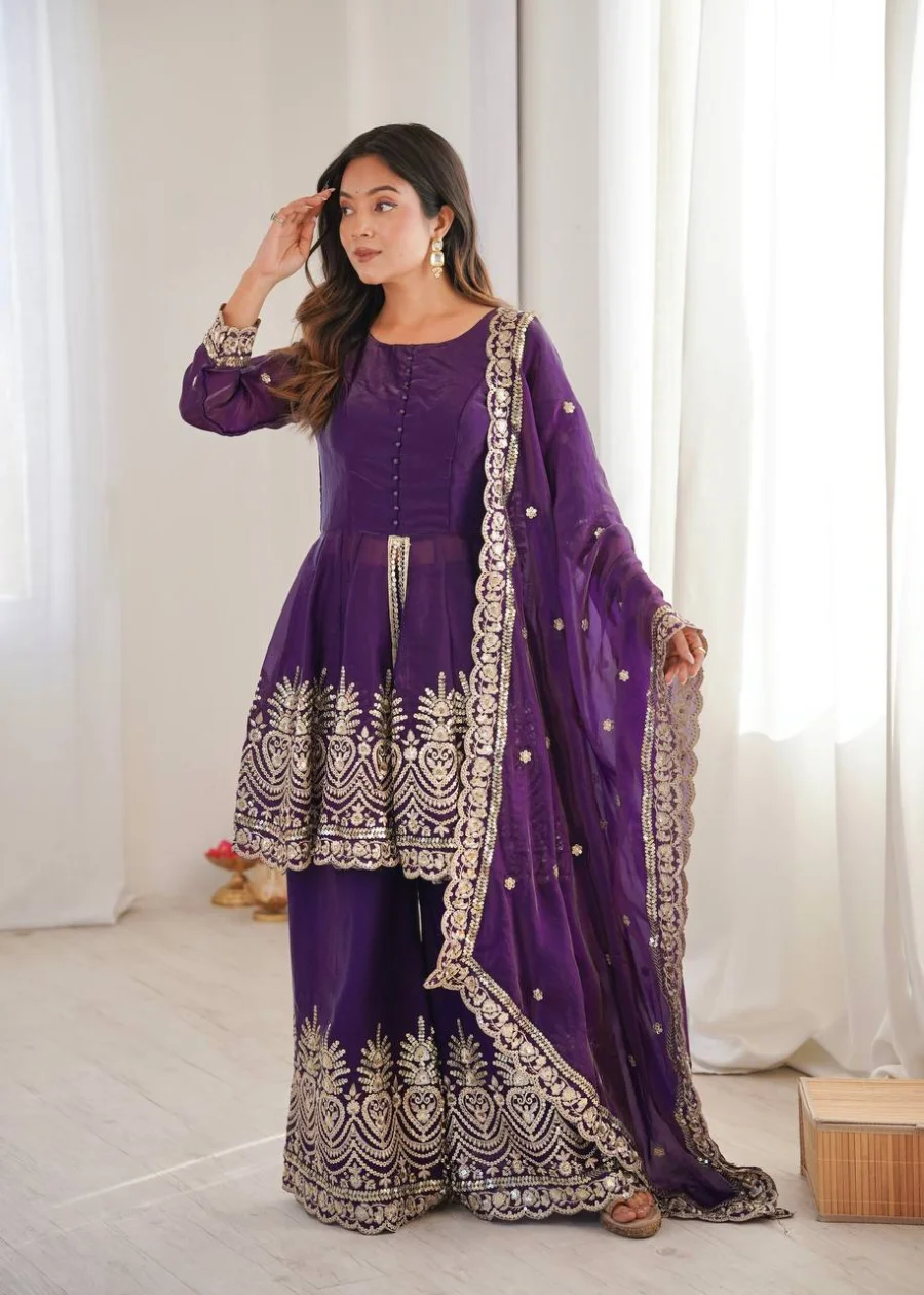 FANCY FENDY SILK EMBROIDERY SEQUENCE WITH REAL MIRROR WORK TOP PALAZZO WITH DUPATTA FESTIVE WEAR WHOLESALE PRICE ETHNIC GARMENT (25)