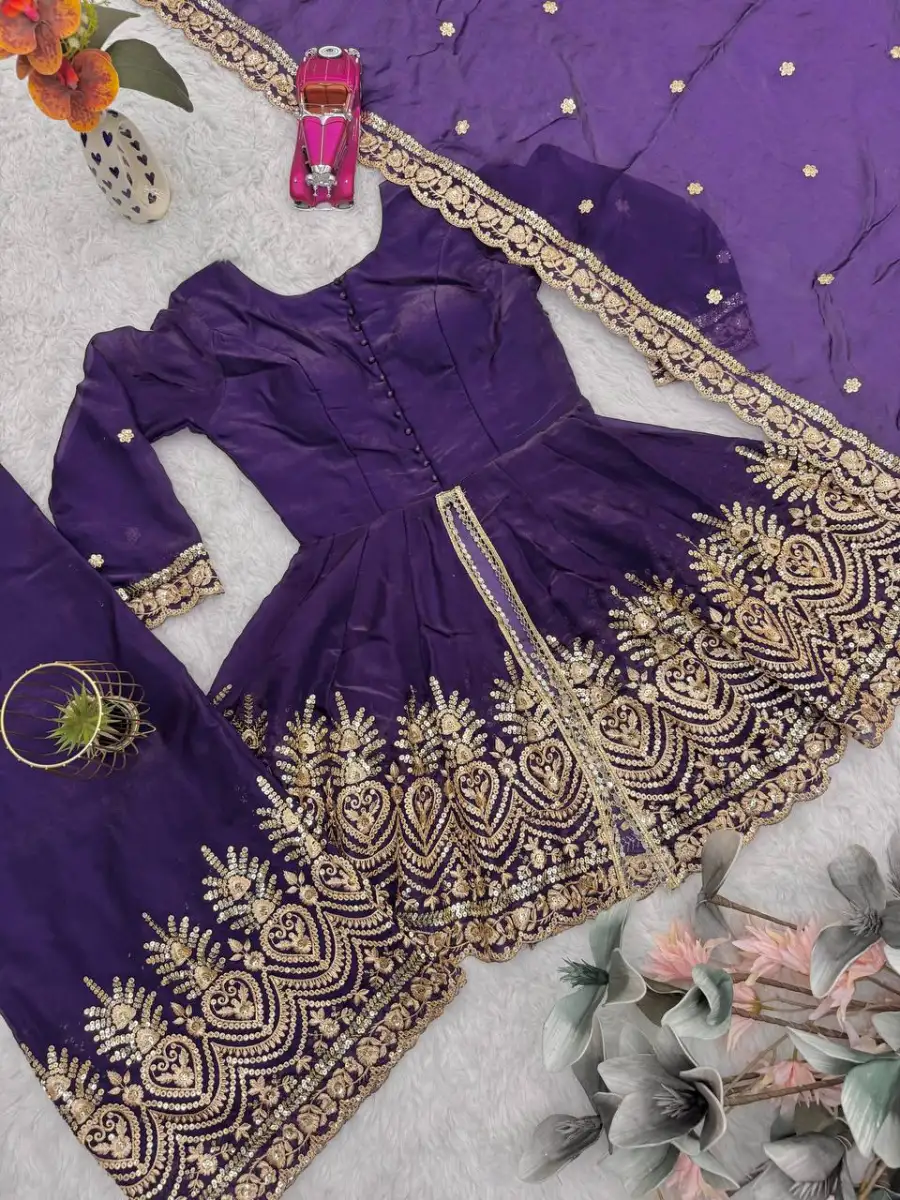 FANCY FENDY SILK EMBROIDERY SEQUENCE WITH REAL MIRROR WORK TOP PALAZZO WITH DUPATTA FESTIVE WEAR WHOLESALE PRICE ETHNIC GARMENT (34)