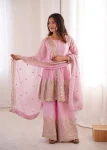 FANCY FENDY SILK EMBROIDERY SEQUENCE WITH REAL MIRROR WORK TOP PALAZZO WITH DUPATTA BABY PINK