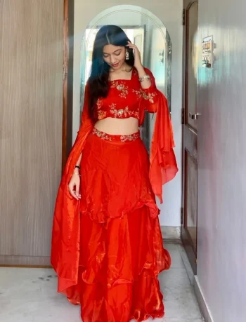 FANCY FENDY SILK THREAD, EMBROIDERY , CODING AND SEQUENCE WORK LEHENGA BLOUSE AND WAIST BELT EXTRA FAILR ORANGE
