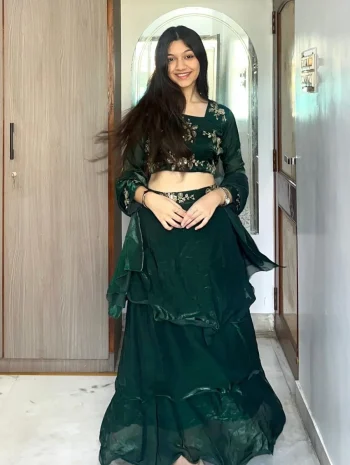 FANCY FENDY SILK THREAD, EMBROIDERY , CODING AND SEQUENCE WORK LEHENGA BLOUSE AND WAIST BELT EXTRA FAILR GREEN