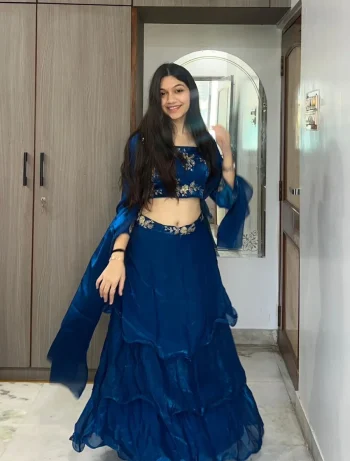 FANCY FENDY SILK THREAD, EMBROIDERY , CODING AND SEQUENCE WORK LEHENGA BLOUSE AND WAIST BELT EXTRA FAILR BLUE