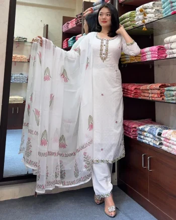 FANCY GEORGETTE BUTTI EMBROIDERY WORK  TOP BOTTOM WITH DUPATTA WHITE