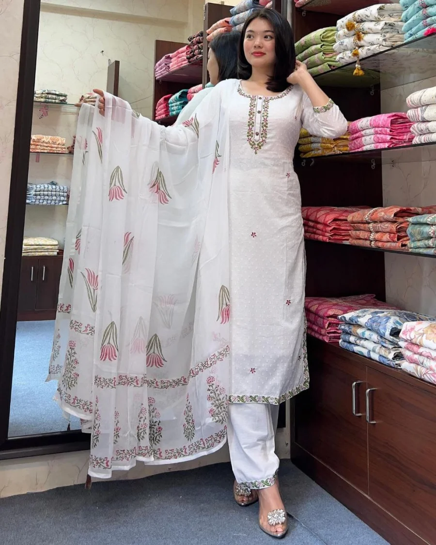 FANCY GEORGETTE BUTTI EMBROIDERY WORK TOP BOTTOM WITH DUPATTA OFFICE WEAR WHOLESALE PRICE ETHNIC GARMENT (5)