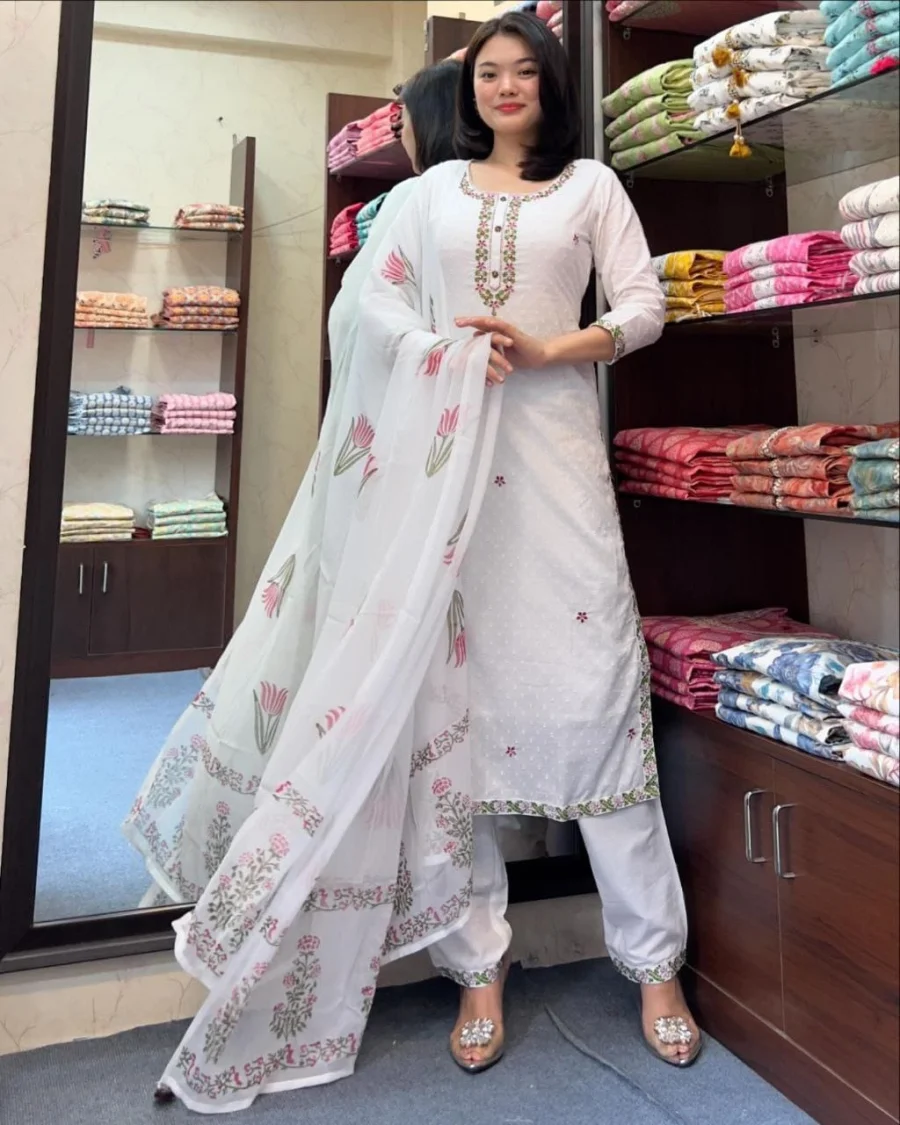 FANCY GEORGETTE BUTTI EMBROIDERY WORK TOP BOTTOM WITH DUPATTA OFFICE WEAR WHOLESALE PRICE ETHNIC GARMENT (6)