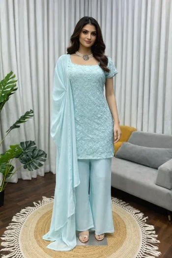 FANCY GEORGETTE CHIN SEQUENCE WORK TOP PALAZZO WITH DUPATTA SKY