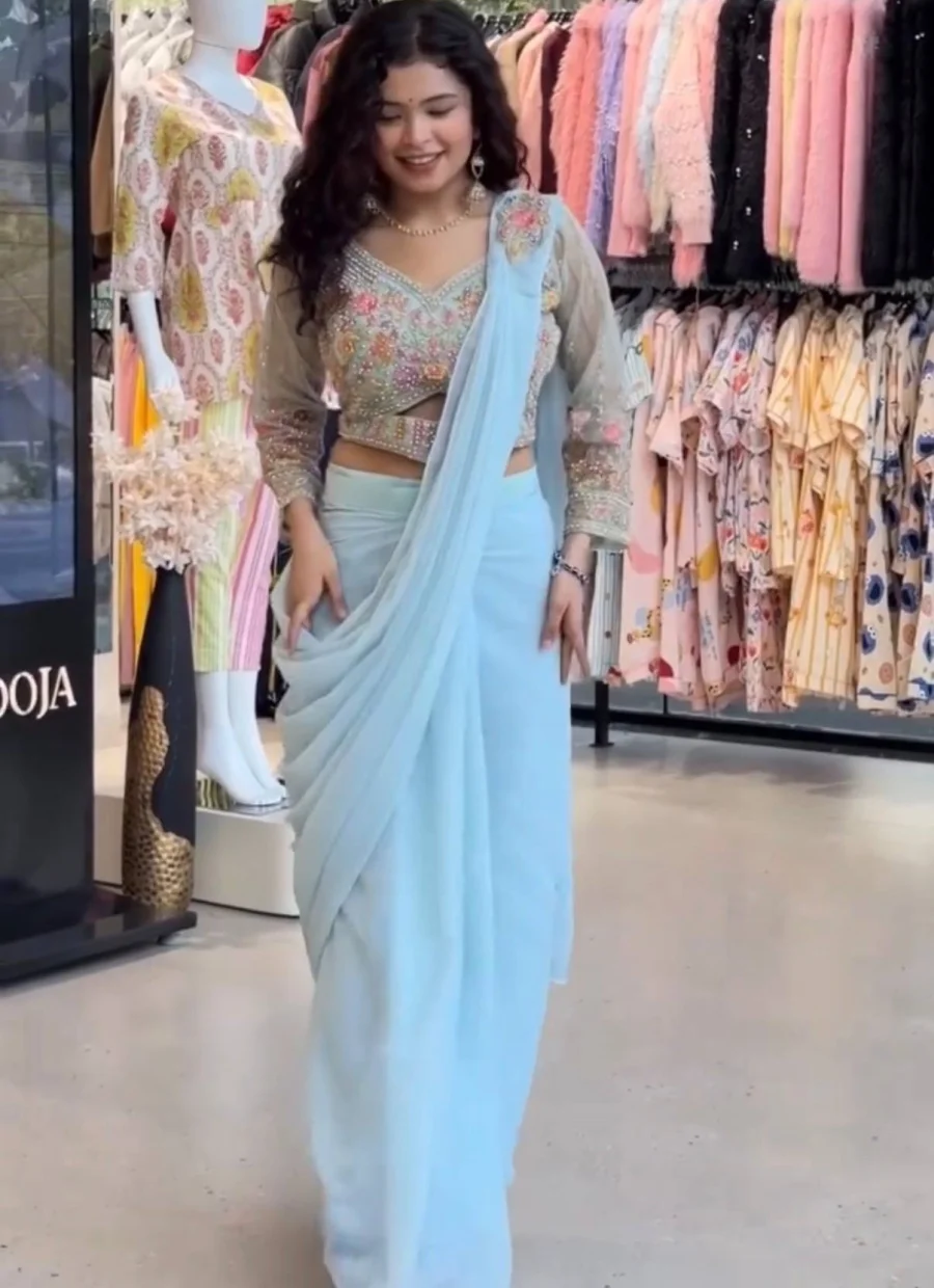 FANCY GEORGETTE EMBROIDERY BUTTA WORK READY TO WEAR SAREE WITH STITCHED BLOUSE PARTY WEAR WHOLESALE PRICE ETHNIC GARMENT (1)