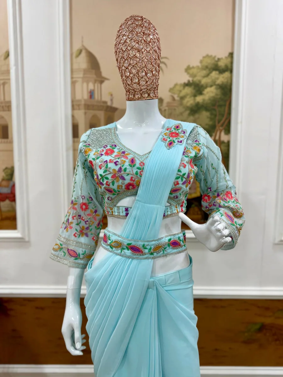 FANCY GEORGETTE EMBROIDERY BUTTA WORK READY TO WEAR SAREE WITH STITCHED BLOUSE PARTY WEAR WHOLESALE PRICE ETHNIC GARMENT (13)