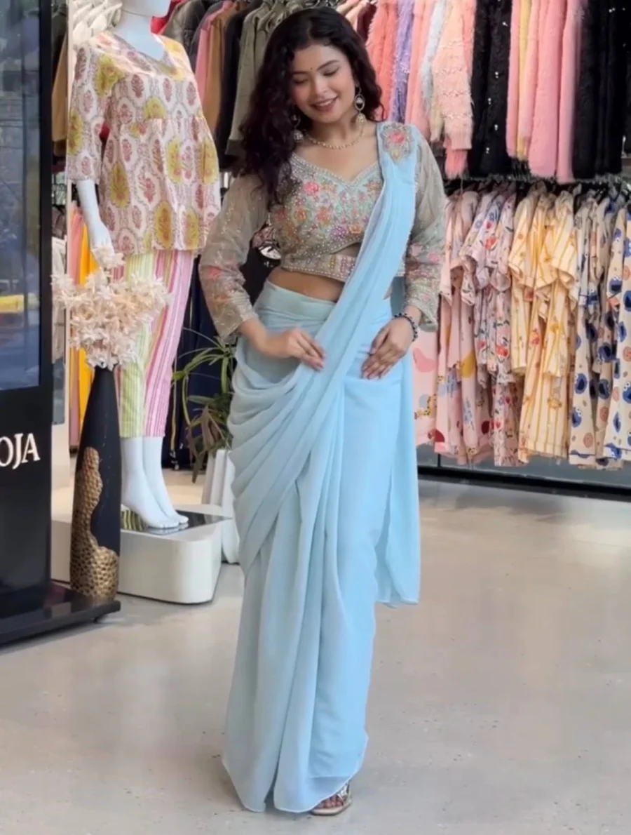 FANCY GEORGETTE EMBROIDERY BUTTA WORK READY TO WEAR SAREE WITH STITCHED BLOUSE PARTY WEAR WHOLESALE PRICE ETHNIC GARMENT (5)