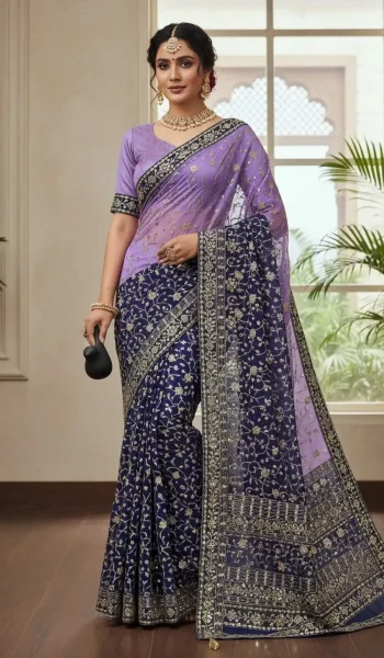 FANCY GEORGETTE EMBROIDERY SEQUENCE THREAD WORK SAREE WITH UNSTITCHED BLOUSE PURPLE