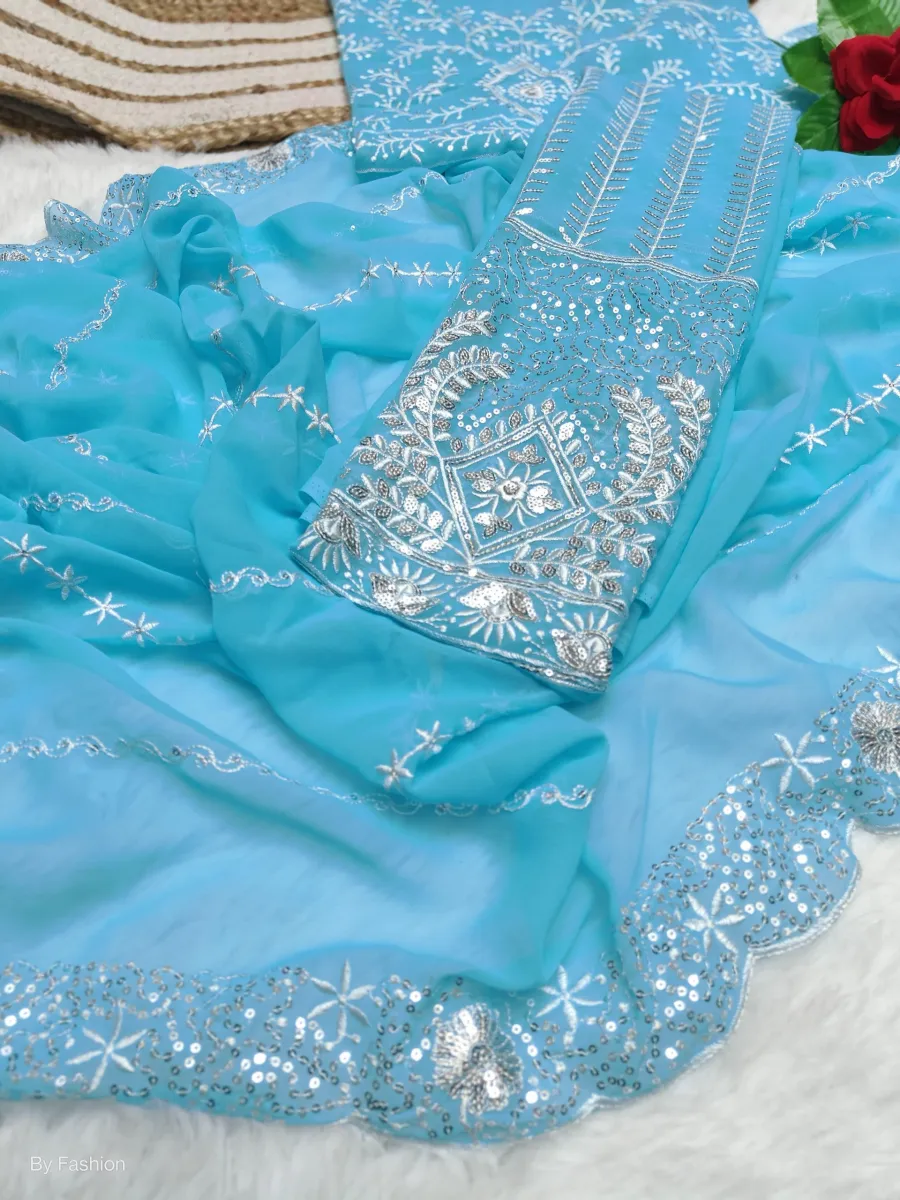 FANCY GEORGETTE EMBROIDERY THREAD WORK AND SEQUENCE WITH CUTWORK SAREE WITH UNSTITCHED BLOUSE PARTY WEAR WHOLESALE PRICE ETHNIC GARMENT (1)