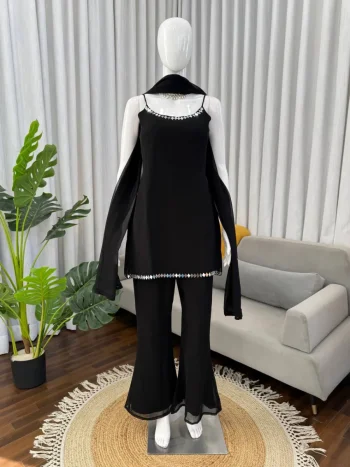 FANCY GEORGETTE REAL MIRROR WORK TOP PALAZZO WITH DUPATTA BLACK