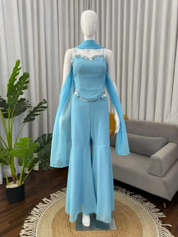 FANCY GEORGETTE REAL MIRROR WORK TOP SHARARA WITH DUPATTA SKY