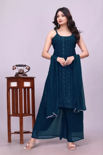 FANCY GEORGETTE SEQUENCE EMBROIDERY WORK TOP PALAZZO WITH DUPATTA TEAL