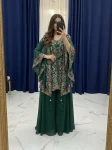 FANCY GEORGETTE SEQUENCE EMBROIDERY WORK TOP PALAZZO WITH SHRUG GREEN