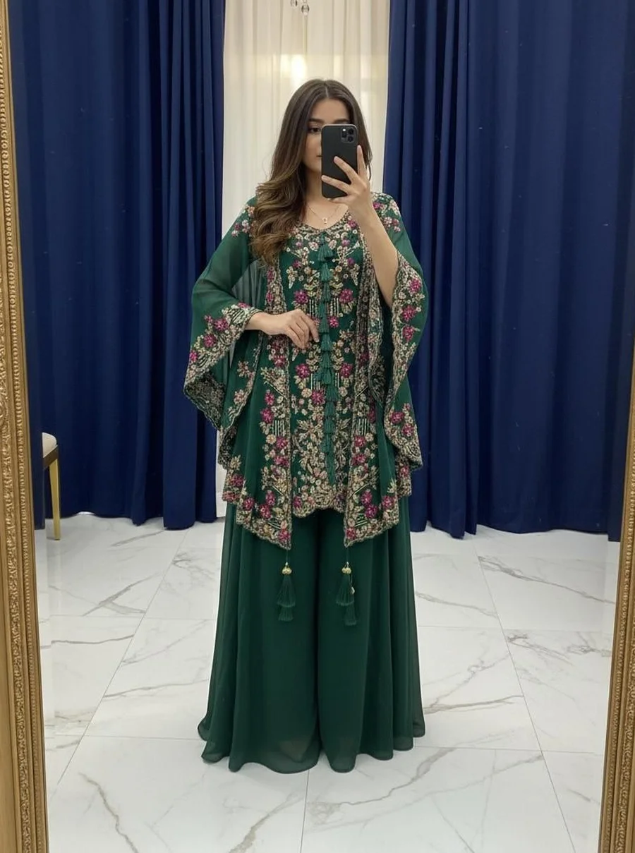 FANCY GEORGETTE SEQUENCE EMBROIDERY WORK TOP PALAZZO WITH SHRUG FESTIVE WEAR WHOLESALE PRICE ETHNIC GARMENT (2)