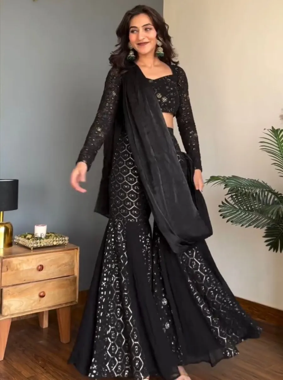 FANCY GEORGETTE THREAD WITH SEQUENCE WORK SHARARA CHOLI WITH DUPATTA PARTY WEAR WHOLESALE PRICE ETHNIC GARMENT(16)