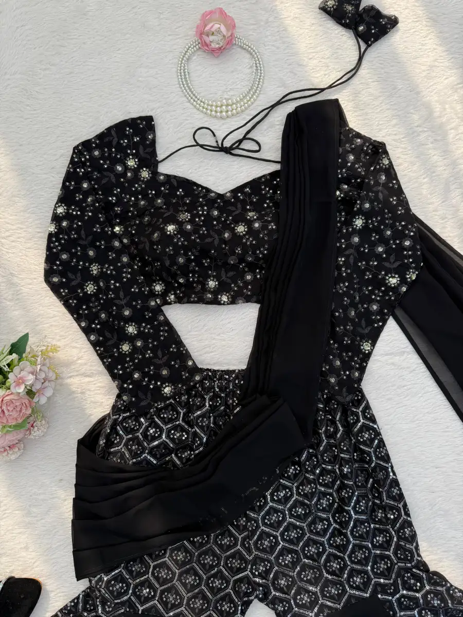 FANCY GEORGETTE THREAD WITH SEQUENCE WORK SHARARA CHOLI WITH DUPATTA PARTY WEAR WHOLESALE PRICE ETHNIC GARMENT(27)