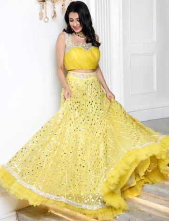 FANCY GEORGETTE ZARI & FOIL PAPER WORK + NET RUFFLE BORDER WORK LEHENGA CHOLI WITH DUPATTA LEMON