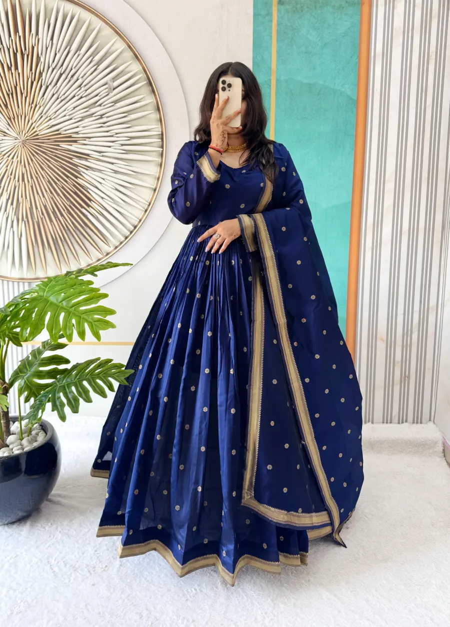 FANCY HANDLOOK COTTON ZARI WEAVING BUTTI WORK GOWN WITH DUPATTA FESTIVE WEAR WHOLESALE PRICE ETHNIC GARMENT (4)