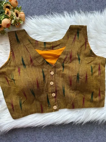FANCY IKKAT COTTON DIGITAL PRINTED WORK STITCHED BLOUSE MUSTARD