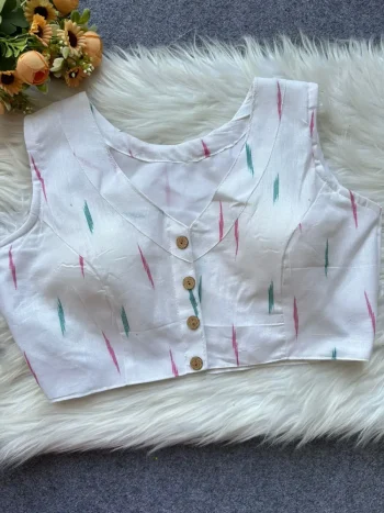 FANCY IKKAT COTTON DIGITAL PRINTED WORK STITCHED BLOUSE WHITE