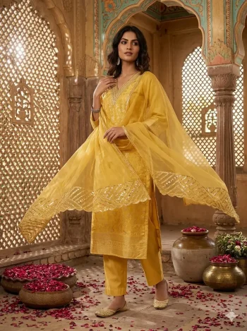 FANCY JACQUARD WEAVING WORK TOP BOTTOM WITH DUPATTA YELLOW