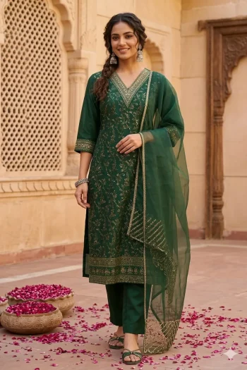 FANCY JACQUARD WEAVING WORK TOP BOTTOM WITH DUPATTA GREEN