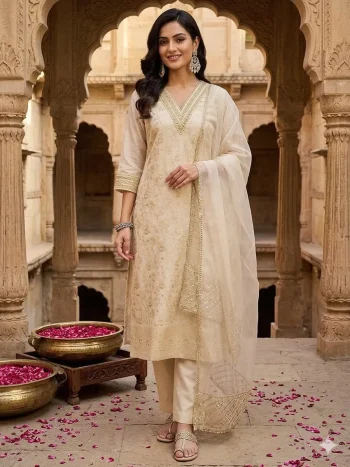 FANCY JACQUARD WEAVING WORK TOP BOTTOM WITH DUPATTA CREAM