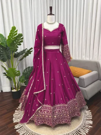 FANCY JAPAN SATIN THREAD WITH  SEQUENCE WORK LEHENGA CHOLI WITH DUPATTA WINE